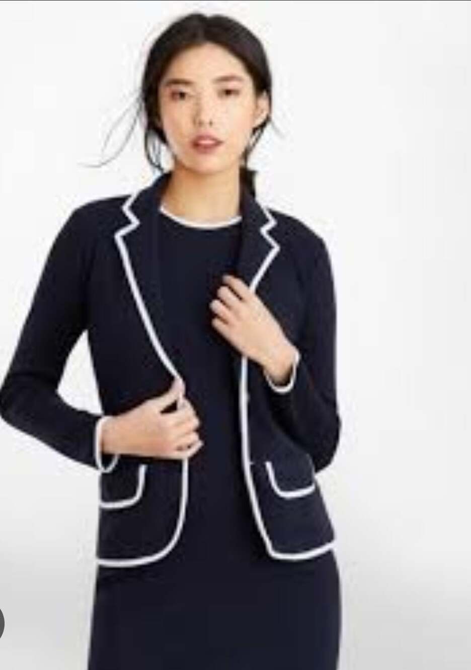 St John Wool Knit Cardigan Jacket 16 Navy Blue Ivory Silk Contrast Trim Blazer